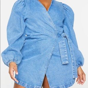 Plus Size Light Wash Denim Puff Sleeve Wrap Dress
